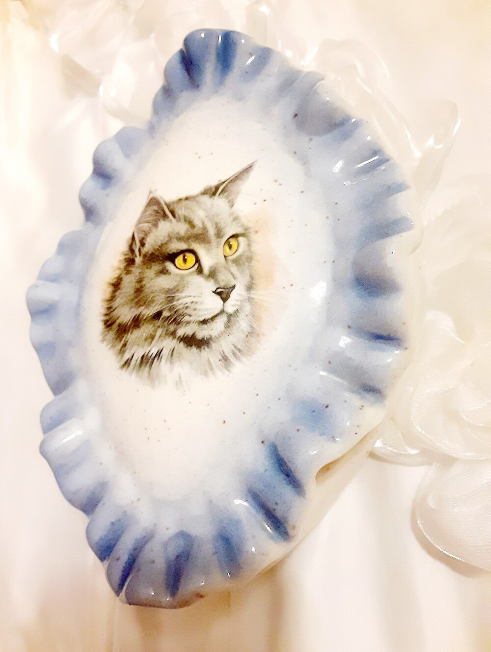 Vintage Blue Ceramic Gray Cat Trinket Dish